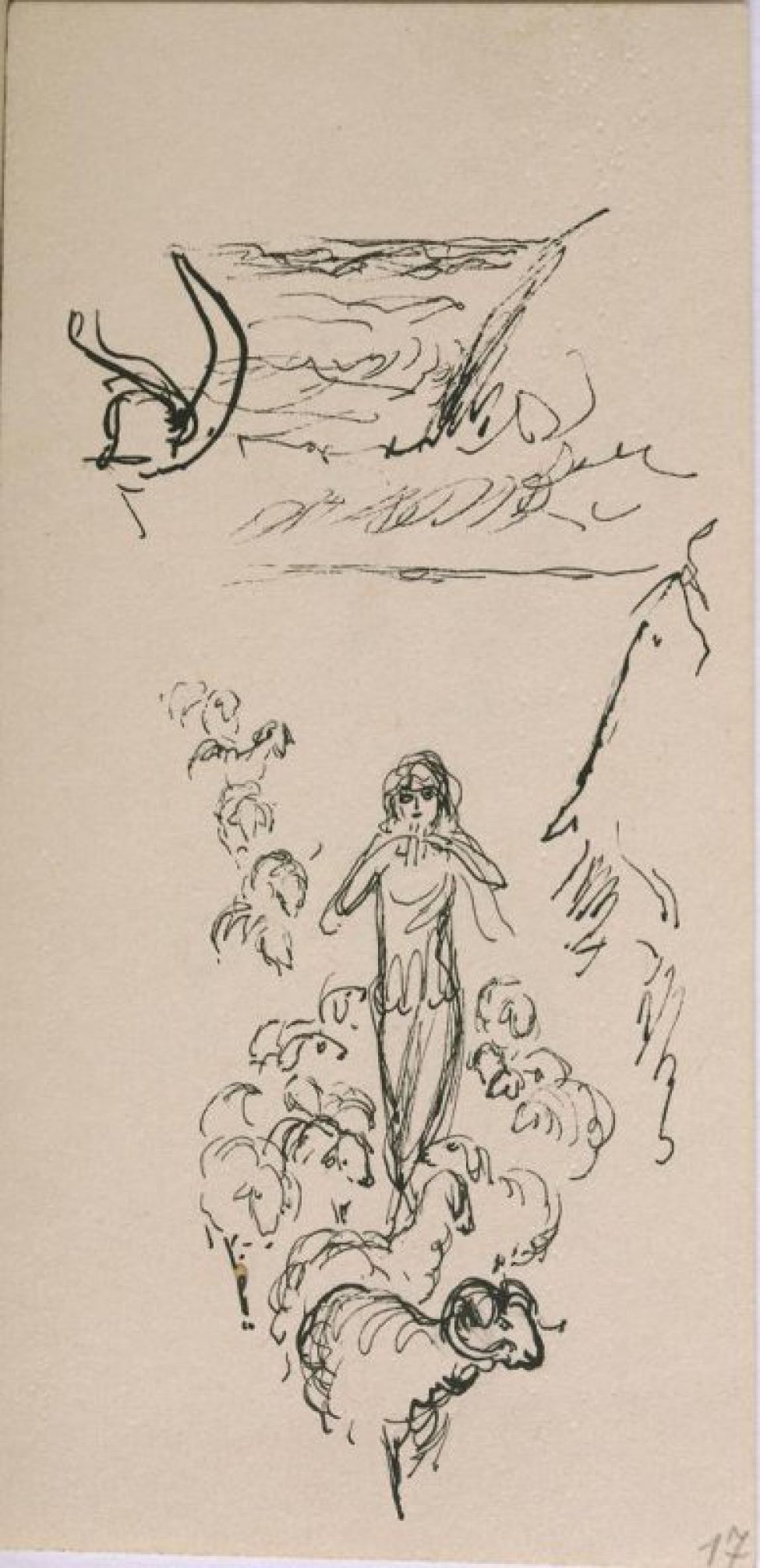 Рисунок двусторонний. I. Изображена девушка, играющая на свирели среди овец. На заднем плане - морской берег. II. Юноша среди овец.