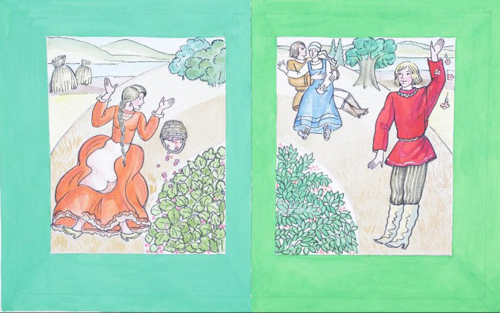 На одном листе две полосные иллюстрации на зеленом фоне. В левой части на косогоре изображена падающая девушка в красном платье. В правой части изображен юноша в красной рубахе. В центре композиции - сидящий на косогоре юноша с девушкой на коленях.