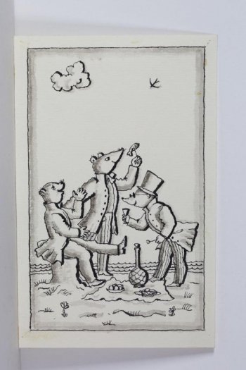 Стилизованное изображение хомяка, сидящего на пне, мыши с рыбой на вилке и крота с рюмкой в одной и вилкой в другой 