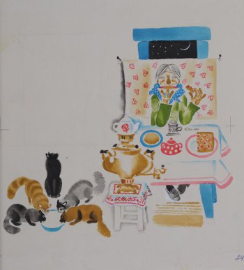 На фоне окна изображена сидящая за столом женщина, перед ней на стуле стоит самовар, слева - пять кошек.