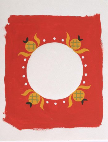 На красном фоне изображен красный круг, оформленный четырьмя стилизованными цветами.