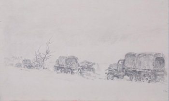 Зимний фронтовой пейзаж. В центре композиции изображена на дороге колонна грузовых машин с боевой техникой, солдатами.