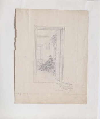 В широко раскрытую дверь видна часть комнаты, в которой в углу под иконой изображена в левый профиль пожилая женщина в черном платье. Слева видна часть окна и мягкий стул. Справа из-за двери видны трюмо и стул.