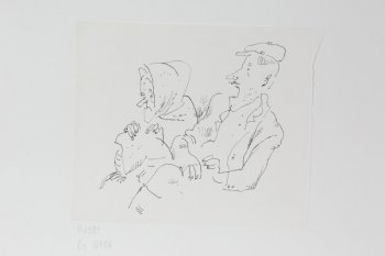Дано поколенное изображение сидящих мужчины и старушки. Мужчина сидит нога на ногу, фигура в 3/4 левом повороте, голова в профиль, рот широко открыт. Старуха изображена в профиль, в платье, на коленях - мешок.