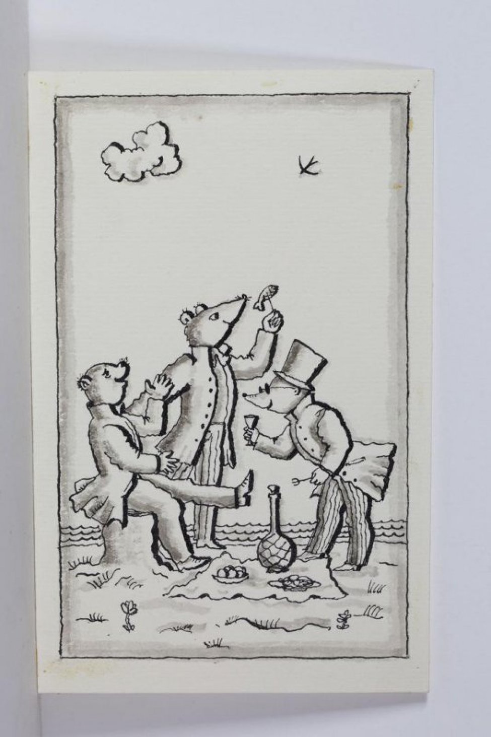 Стилизованное изображение хомяка, сидящего на пне, мыши с рыбой на вилке и крота с рюмкой в одной и вилкой в другой "руке".