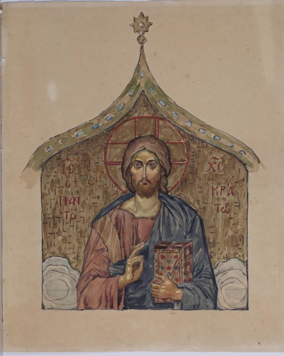 На сером фоне изображен Христос с книгой в одной руке, другая поднята для благословения.