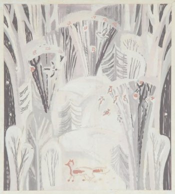 На фоне стилизованного зимнего лесного пейзажа с летящими птицами на первом плане  в середине изображена лисица.