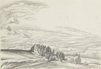 На первом плане справа изображен стог сена; в центре композиции - стог сена,  перелесок хвойных деревьев. Вдали - тяжелые облака.