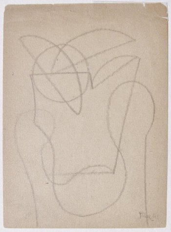 На листе из блокнота изображена абстрактная композиция из прямых, полукруглых и извилистых линий.
