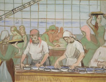 На первом плане изображены женщины, стоящие  у конвейера с консервами. На втором плане на фоне окна выходящего на море - группа женщин у стола.