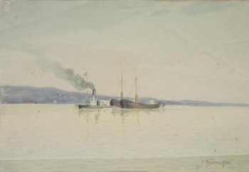 В нарисованной рамке изображен летний речной пейзаж с далеким берегом. В центре композиции - пароход с дымящей трубой, позади него две баржи с высокими мачтами.