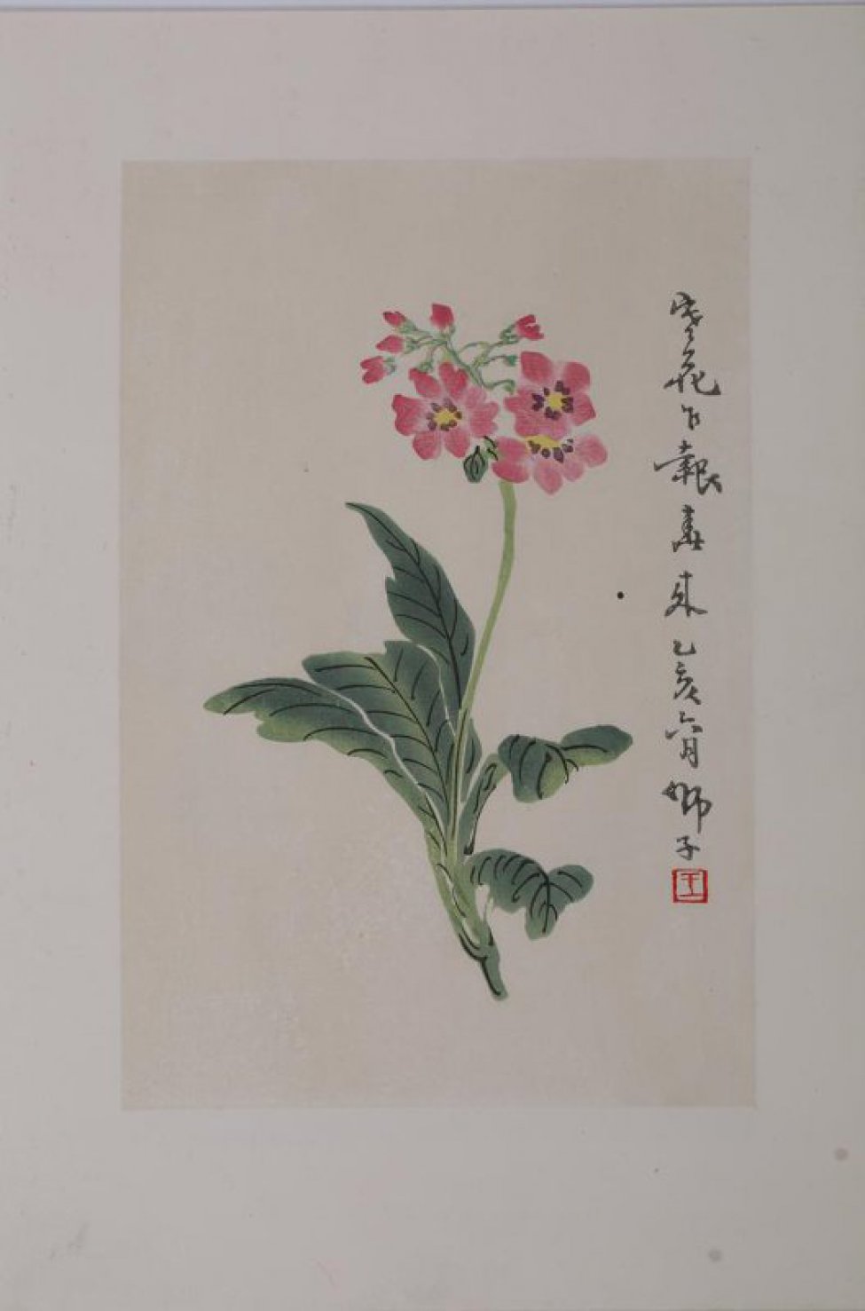 Изображен цветок с узкими длинными листьями,на зеленом стебле розовые мелкие цветы с желтой серцевинкой и бутоны. Справа 10 иероглифов.