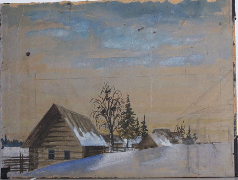На первом плане слева изображена изгородь, деревянный дом; справа - сугробы снега. В центре композиции - деревянные дома, окруженные деревьями.