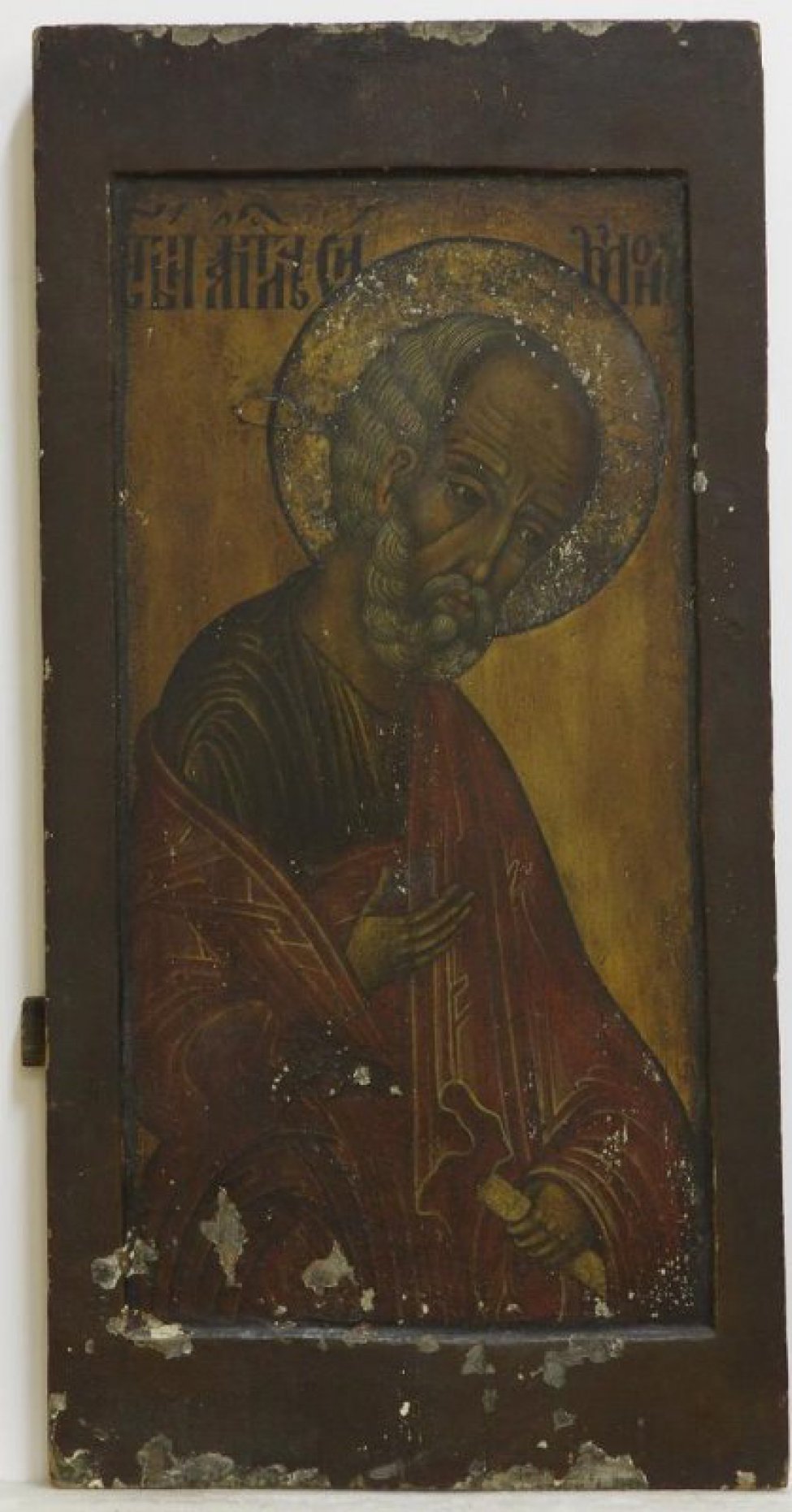 Доска: Доска с ковчегом, с 2 врезными разносторонними шпонками.
Поясное изображение Апостола в 3/4 развороте вправо ( от зрителя), в красной, прописанной желтым, одежде.