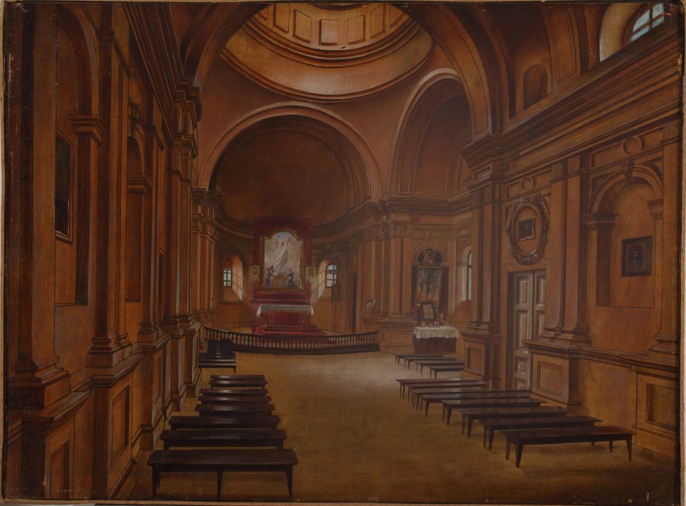 Изображает центральную часть храма с изображением "Вознесения" в апсиде, "Распятия" в правом приделе, с рядами пустых скамеек. Колорит картины светло-коричневый. Краска местами только тонко протерта поверх рисунка. 