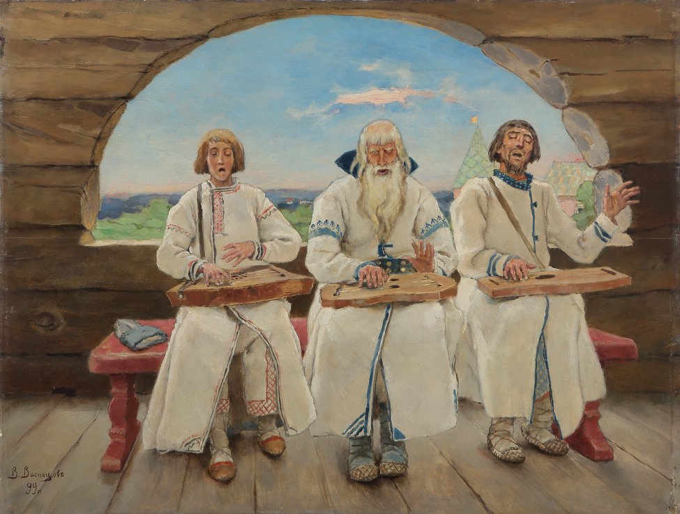 Изображает трех гусляров, сидящих на скамье у окна (верх полукругом) на фоне голубого неба и зеленых полей. Гусляры одеты в белые расшитые кафтаны и лапти. Все трое поют, играя на гуслях, лежащих у них на коленях. В центре сидит старик с белыми волосами и бородой, справа мужчина средних лет, слева юноша. Волосы у последних подстрижены в скобку, глаза у всех закрыты. 