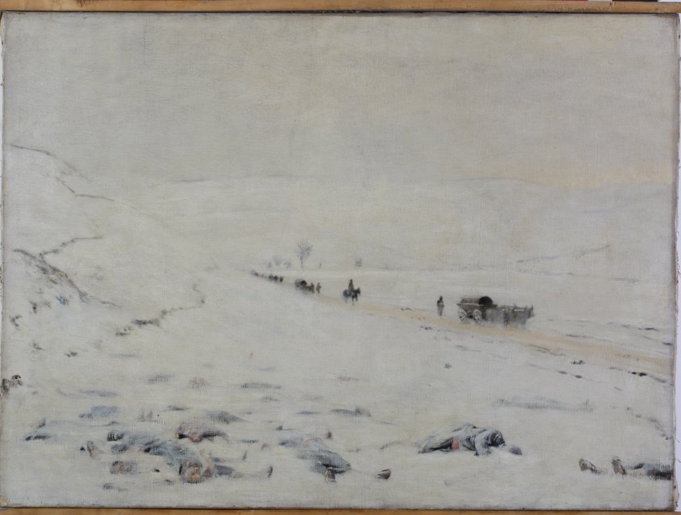 Изображает зимний пейзаж, в засыпанной снегом долине, окаймленной горами, на первом плане изображены занесенные снегом тела солдат. Из глубины картины к правому нижнему углу движется небольшой обоз. 