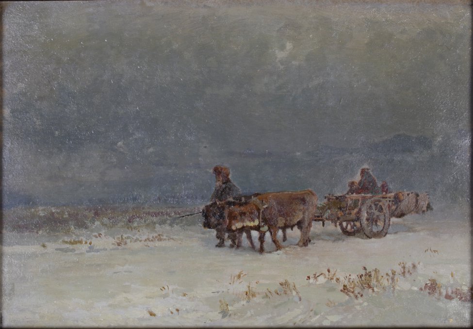Изображена равнина, занесенная снегом, по которой движется справа налево из глубины двухколесная раба, запряженная парой волов. Рядом с волами идет мужчина. В арбе сидят женщина и двое детей. Вдали горы. 