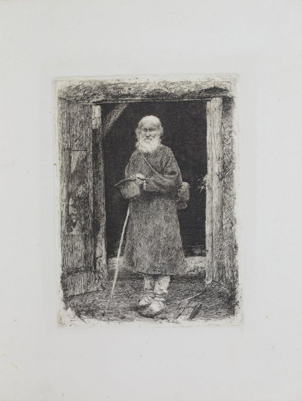 На фоне дверного проема изображен старик с бородой. В правой руке у него шапка, около левой- посох, за спиной - котомка, на ногах- лапти.