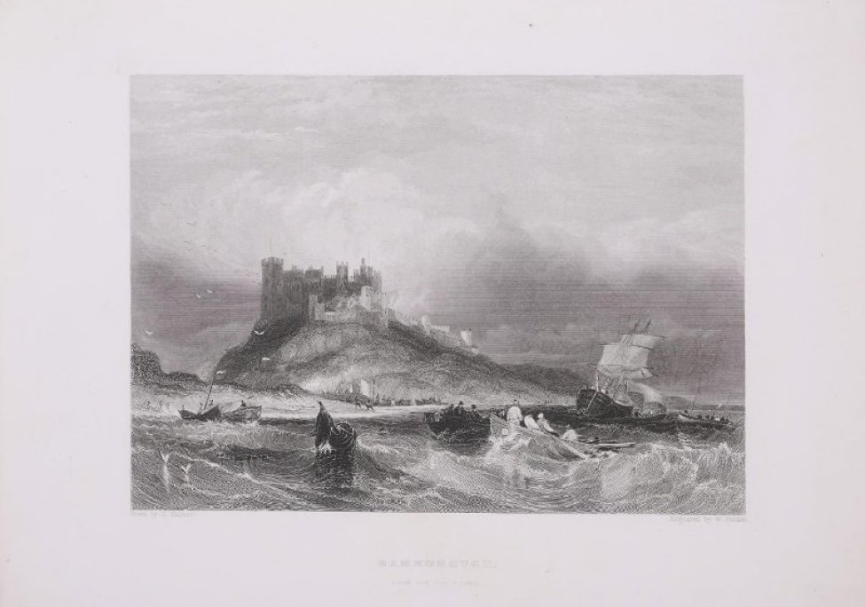 Изображен морской пейзаж с видом на холмистый берег и замок на вершине холма. На первом плане - высокие пенистые волны, буек с флажком среди волн, весельные и парусные лодки и двухмачтогвый парусный корабль. Под изображением слева: Drawn by G.Balmer; справа: Engraved by W.Finden; в середине, ниже, более крупным шрифтом: BAMBOROUGH; ниже, мелким шрифтом: FROM the SOUTH EAST.