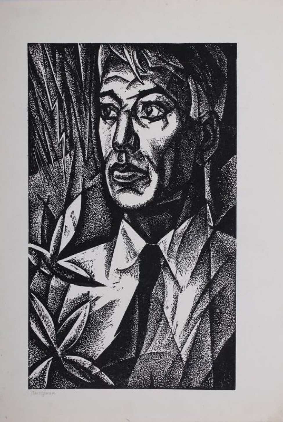 На темном фоне с молниями - погрудное изображение поэта Бориса Пастернака в белой рубашке с черным галстуком; голова дана в трехчетвертном повороте и фрагментированна верхним краем гравюры.