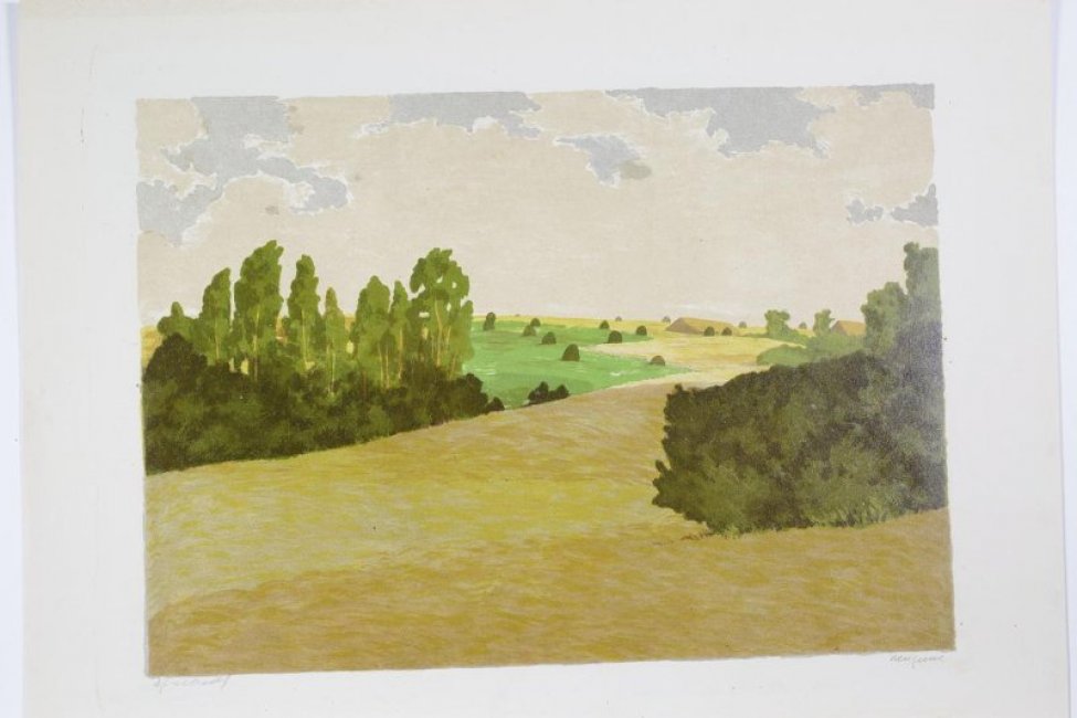 Изображен летний сельский пейзаж.На первом плане- поле; справа- густой кустарник. На втором плане слева- густой кустарник и деревья. На дальнем плане справа- поле с копнами и стогами.