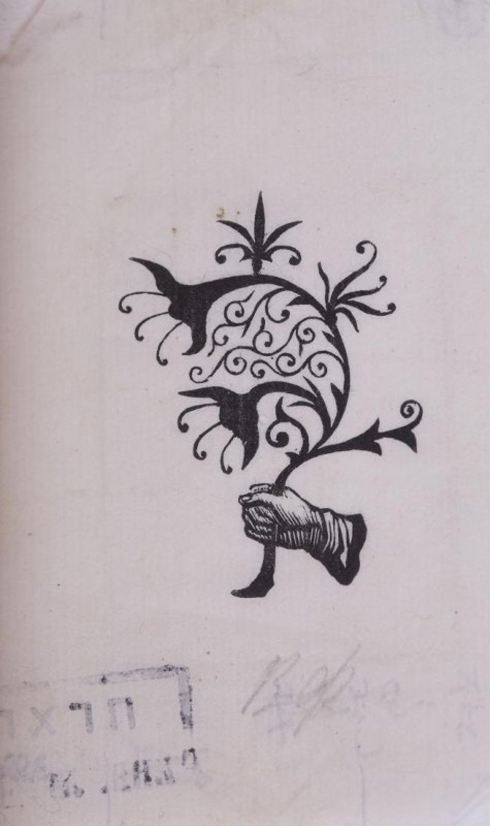 Изображена кисть человеческой руки, обращенная в левую сторону. Держит причудливую ветку с пятью черными цветами и мелкими спиралеобразными листолчками.