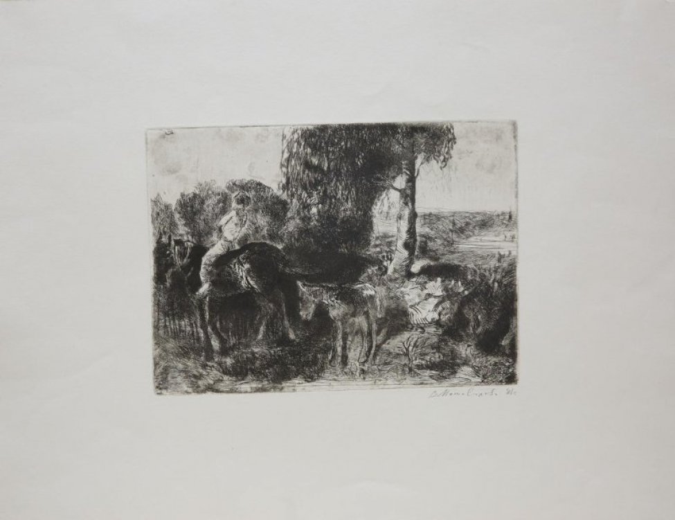 На переднем плане слева изображен мальчик, сидящий на лошади темной  масти;  в центре- жеребенок. На втором плане в центре- береза с густой кроной; слева- пышный кустарник. На дальнем плане справа видны поля.