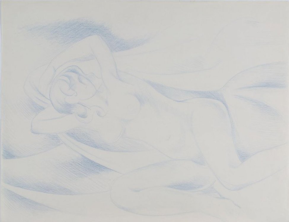 На фоне драпировок изображена лежащая на плоскости на правом боку обнаженная молодая женщина. Левая рука закинута за голову, ноги согнуты в коленях.
