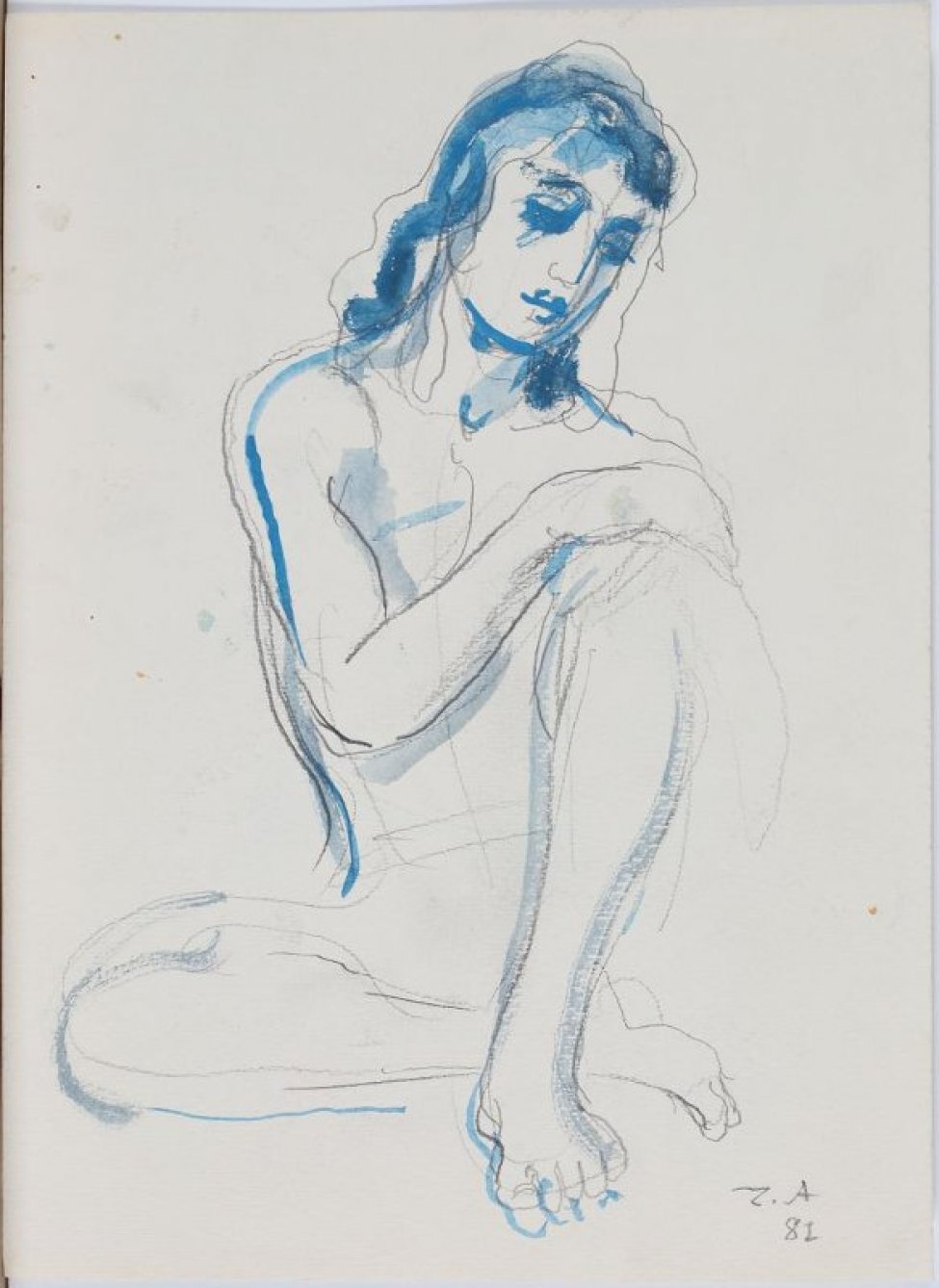 Изображена сидящая обнаженная молодая женщина с головой слегка склоненной вправо; левая нога согнутая в колене лежит, на правую ногу опирается руками.